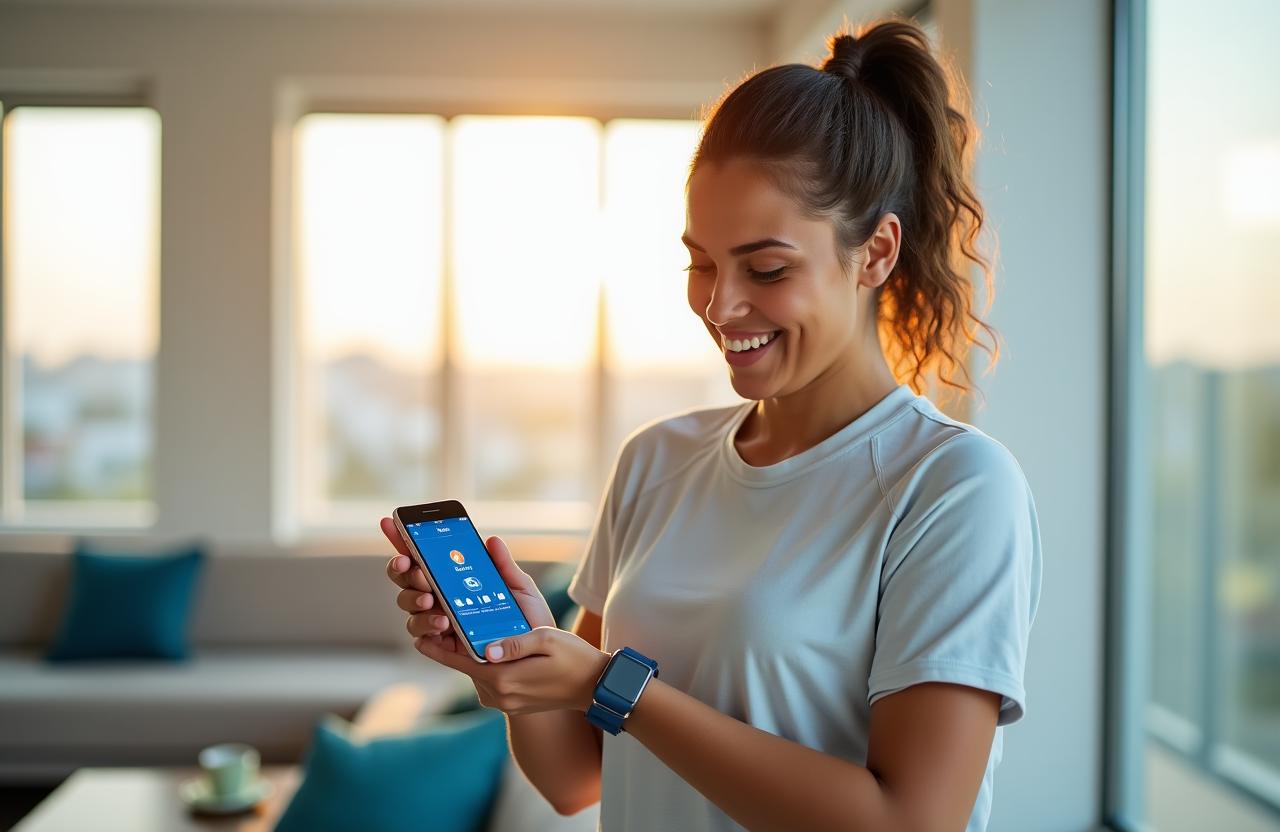 Moderne Frau nutzt eine Health-App zur Überwachung ihrer Vitalwerte